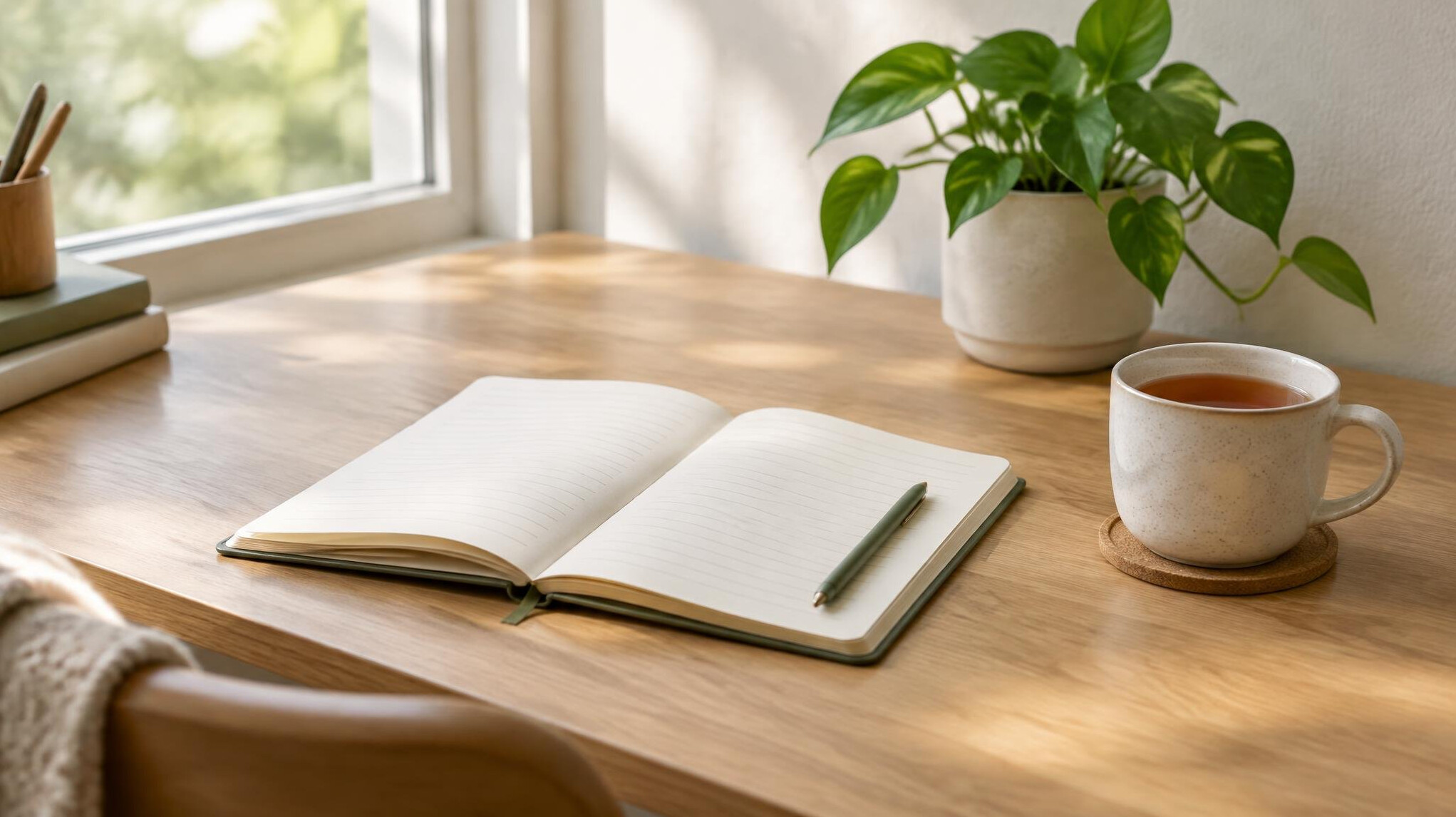 Calm workspace with notebook and plant