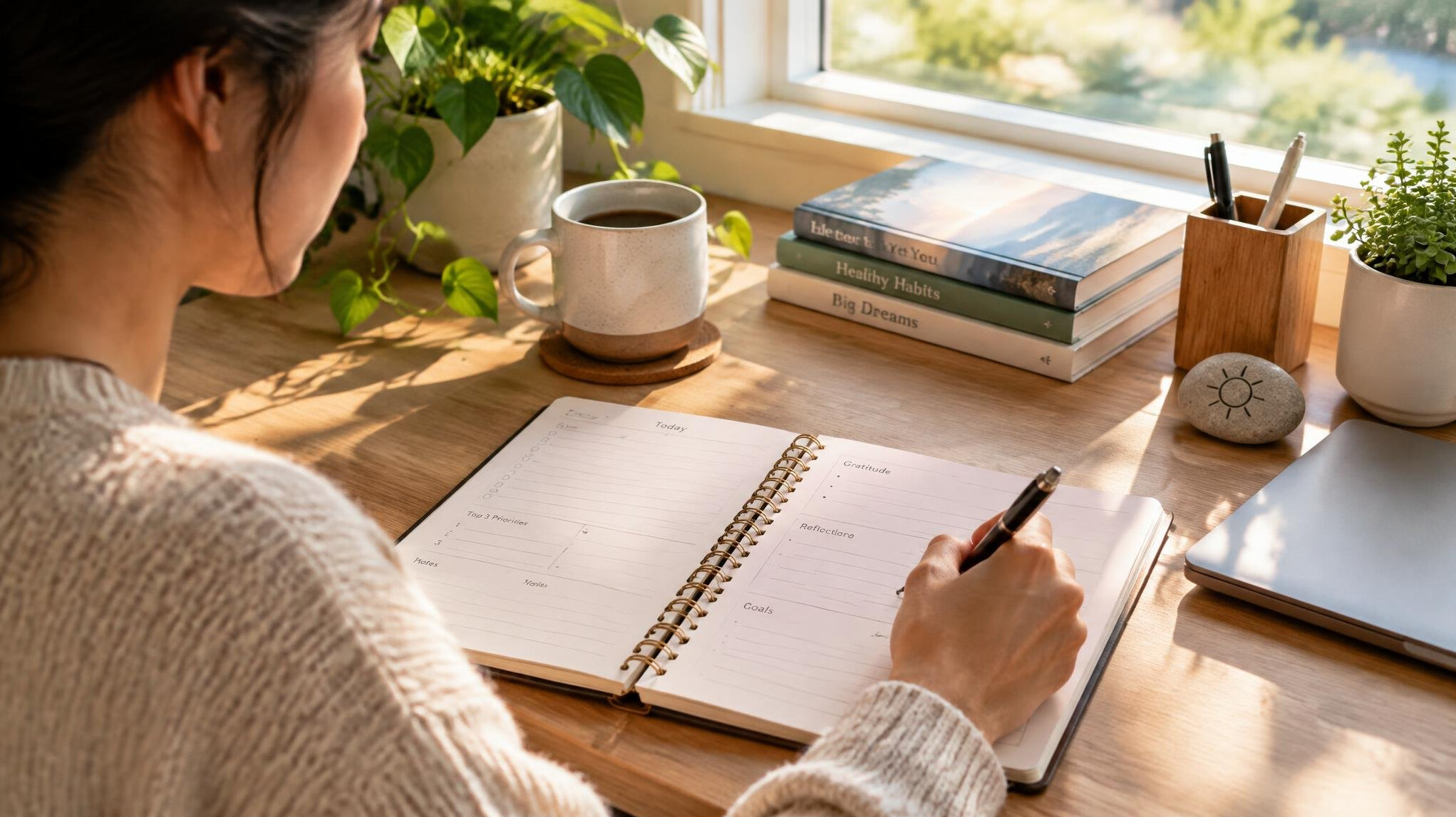 person journaling in morning light
