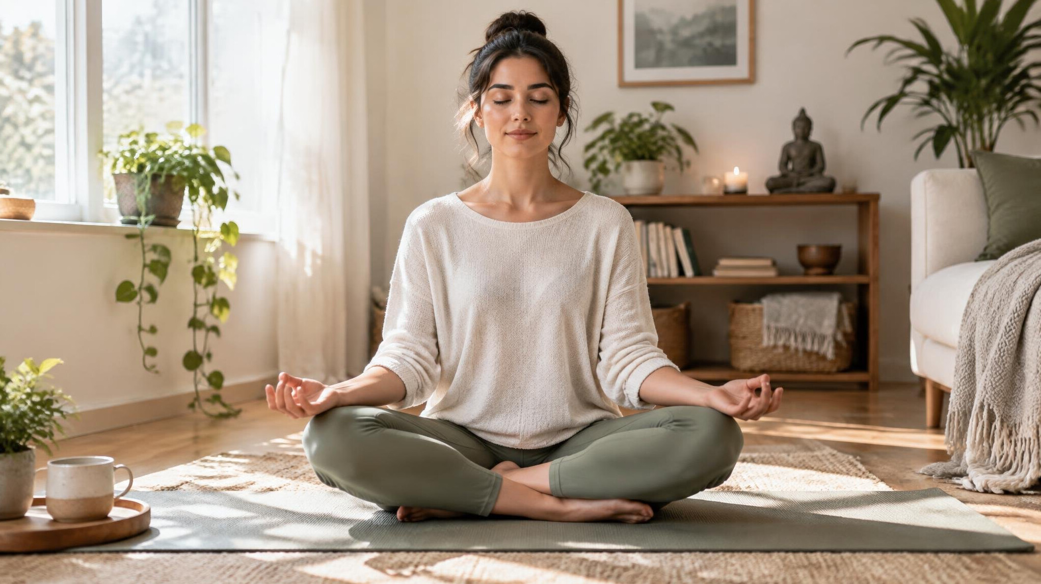 woman meditating at home