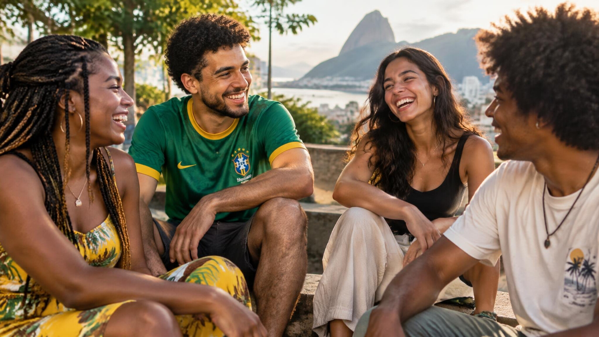 Group of friends talking and laughing together