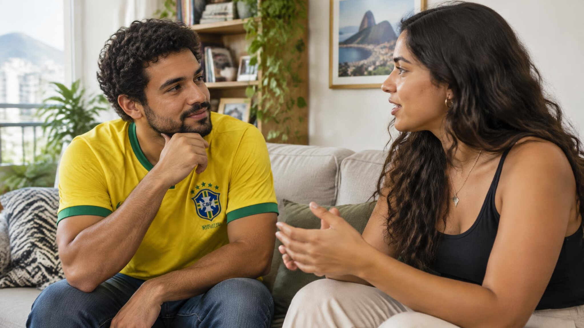 Two people talking attentively on a couch