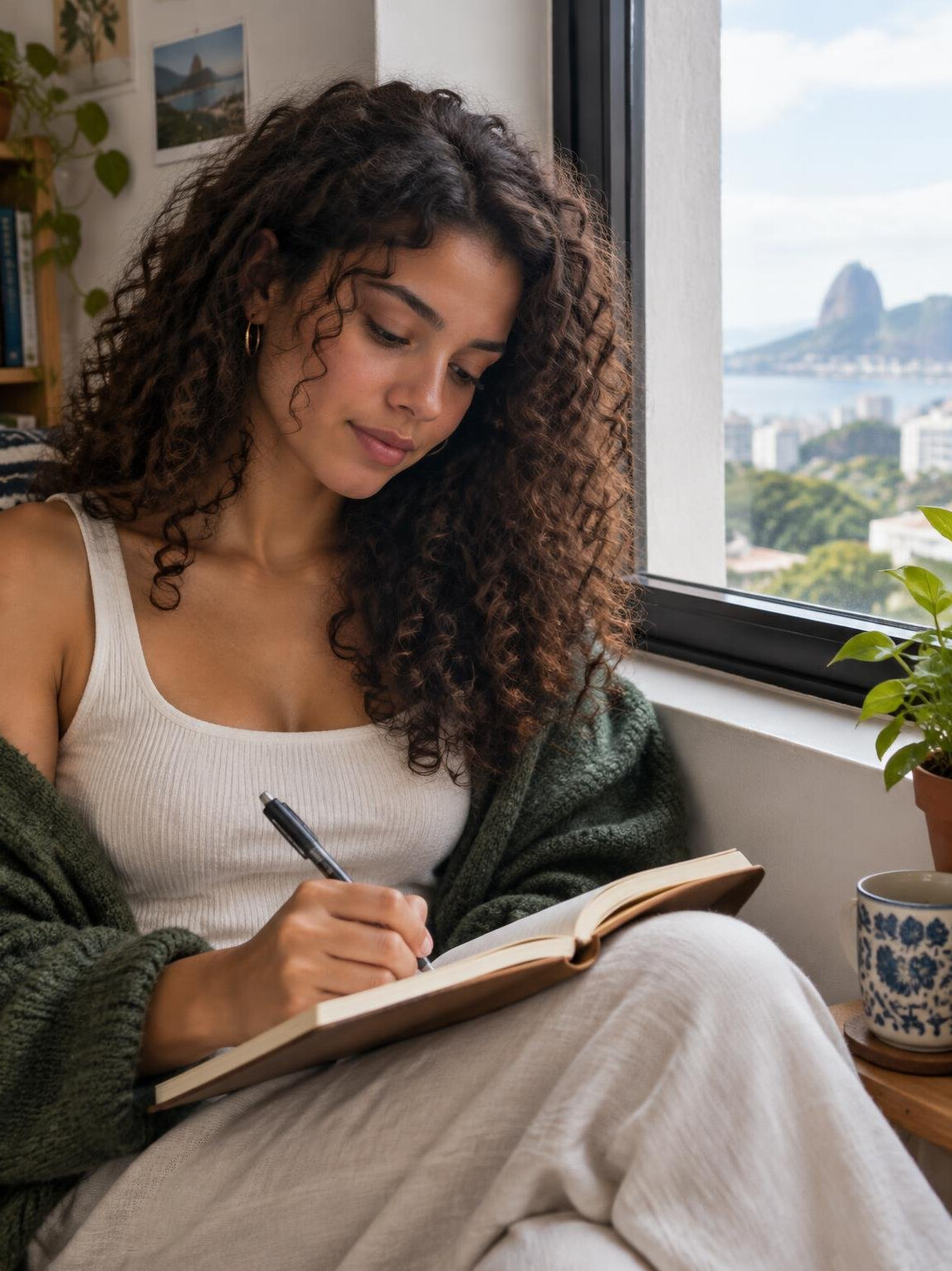 Person writing in a journal by a window