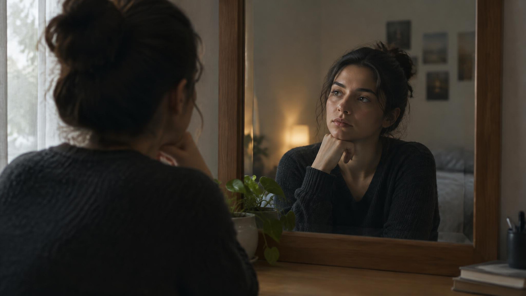 person reflecting in mirror