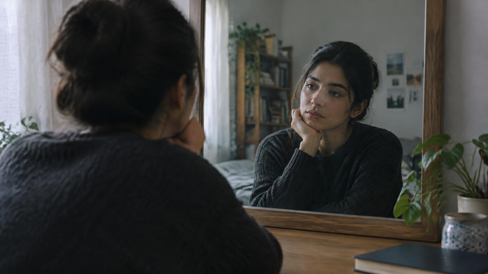 person reflecting in mirror