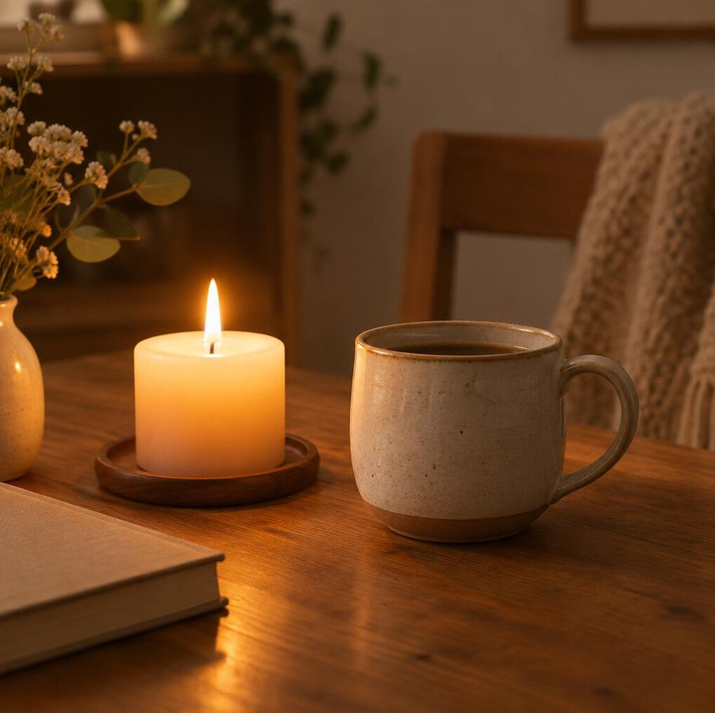 Candle and cup on a calm table setting