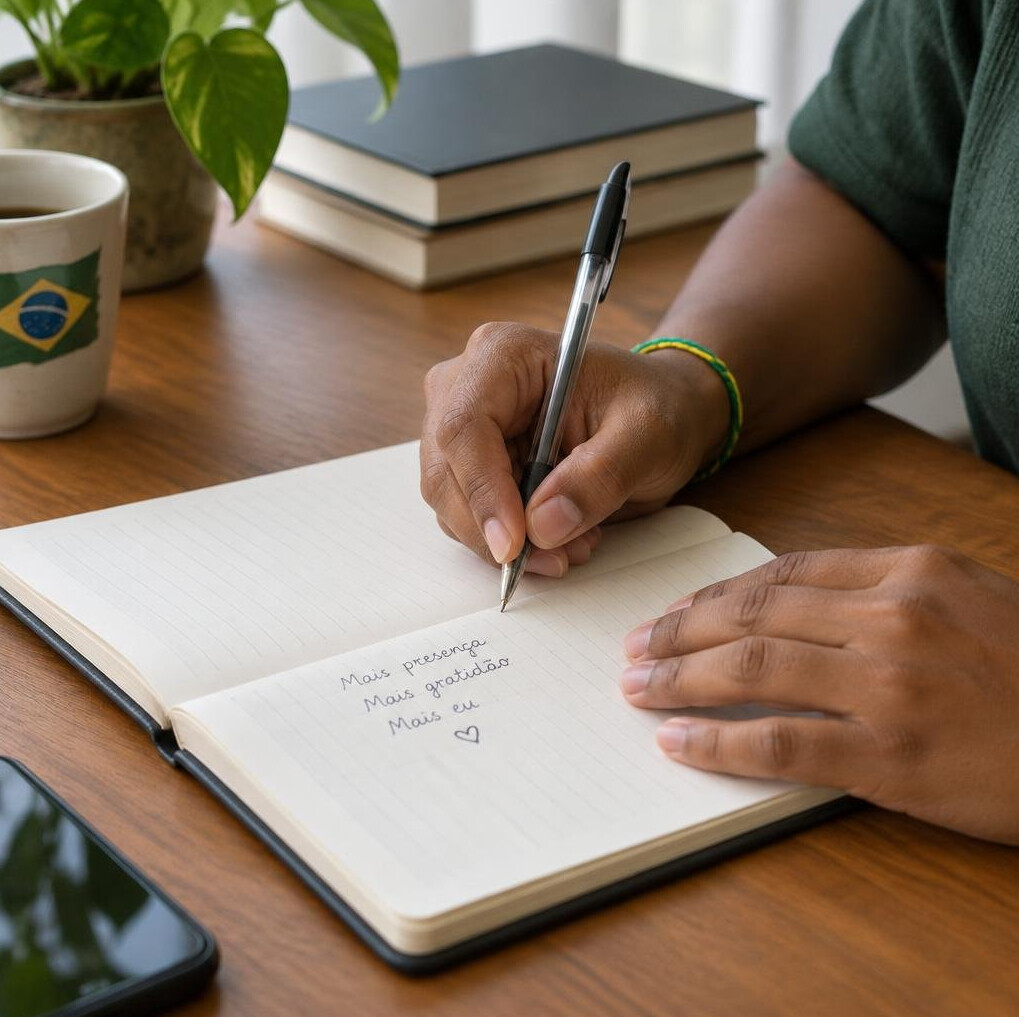 Hands writing notes in an open notebook