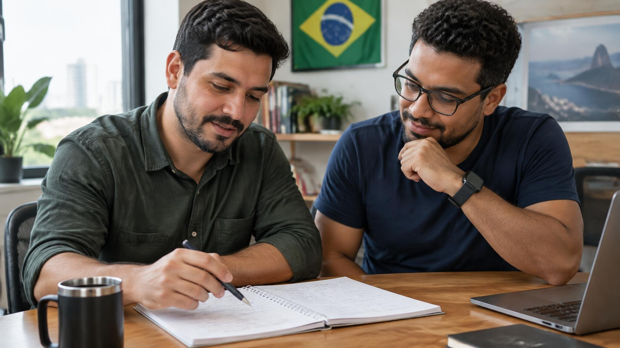 Two coworkers reviewing notes together